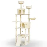 VOUNOT Katzenbaum 215cm, mehrstöckiger Katzenmöbel, XXL mit Korb, Plüschbälle, Dicke stämme, Kletterbaum für Katzen, Beige