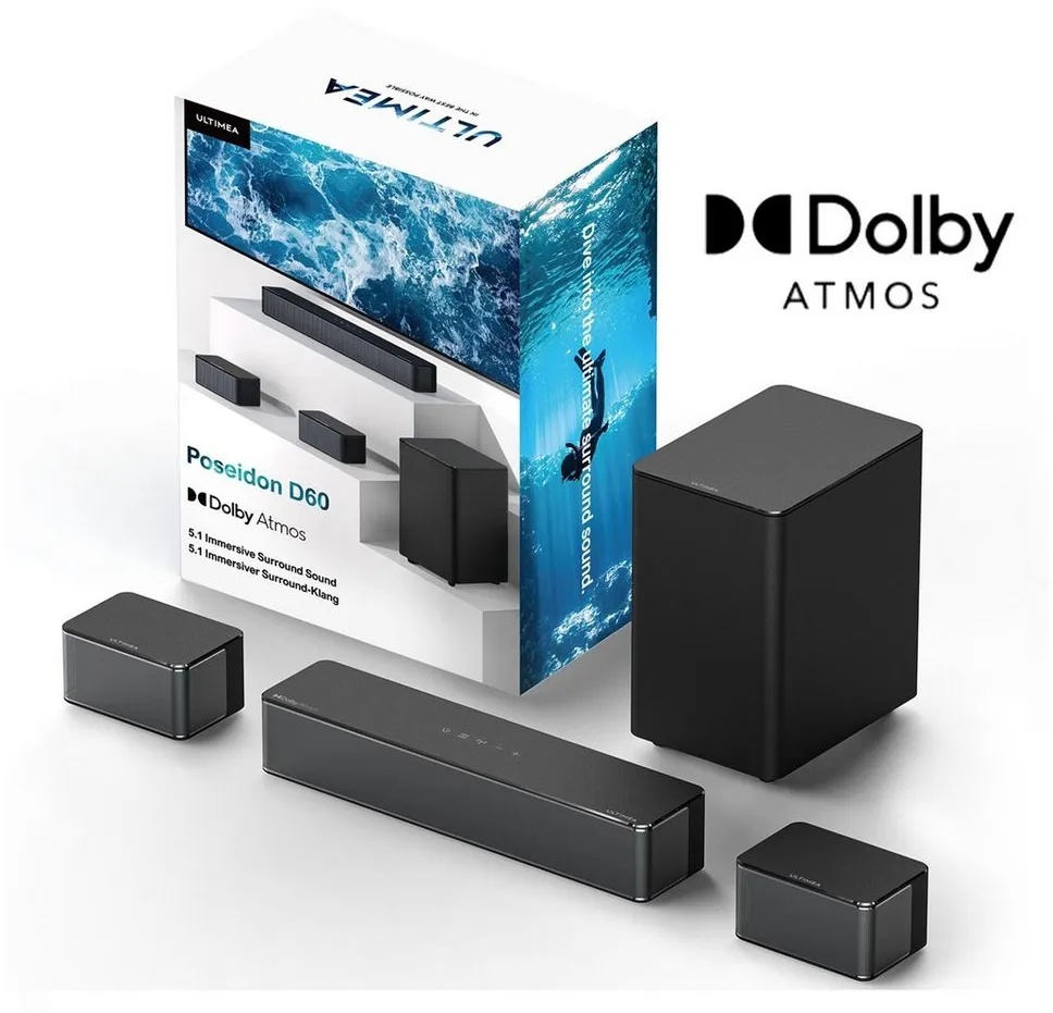 Ultimea Poseidon D60 5.1 Dolby Atmos Soundbar (410 W, 3D Surround Sound, TV Lautsprecher für Heimkino mit einstellbarem Bass) schwarz