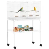 PawHut Vogelkäfig mit Trennwand für Vögel mit Rollen, 4 Futternäpfe, 4 Sitzstangen und herausnehmbarer Tablett, Käfig für Papageien, Kanarienvögel, Wellensittiche, 76 x 46 x 116 cm, Weiß