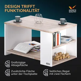 CASARIA Casaria® Couchtisch Holz Weiß Eiche mit Stauraum 2 Fächer 90x60x50cm Kratzfest 50kg Belastbar Ablage Beistelltisch Sofa Couch