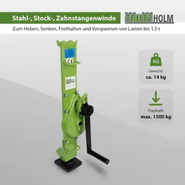 Trutzholm Stahlwinde Zahnstangenwinde 1500 kg 60-90 cm Höhe auomatische Bremse große Grundplatte Hubwinde Stockwinde 1,5t