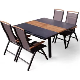 ALEOS. Gartengarnitur Gartenset Aluminium TEAK Set mit quadratischem Ausziehtisch 150x110cm auf 150cm ausziehbar + 4 Hochlehner anthrazit Trinidad