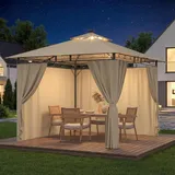Devoko Garden Pavillon 3x3 Wasserdicht Stabil Winterfest Deluxe Gazebo, UV-Schutz 50+ Doppellagiges Grilpavillons mit seitenwänden für 4-8 Personen, Partyzelt für Freizeit, Partys, Beige mit LED
