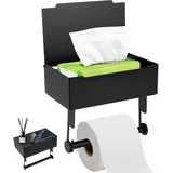 OUZHOU Toilettenpapierhalter Ohne Bohren, Edelstahl Toilettenpapierhalter mit Feuchttücherbox, Selbstklebender Klopapierhalter ohne Bohren mit Ablage, Klopapierhalter Schwarz für Badzimmer und Küche
