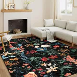 Schwarz Waschbarer Teppich Blumenmuster 160x230cm Blumen Boho Neutral Modern Rugs for Living Room Weich rutschfest Groß Tepich Kurzflor Schlafzimmer Carpet Esszimmer Bedroom Teppiche Büro