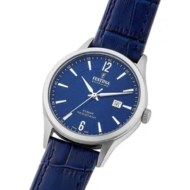 Festina Swiss Made Armbanduhr, Leder Blau - Quarz Datum - Saphirglas, Wasserdicht 10 ATM Elegant - F20007/6 Classic Leather