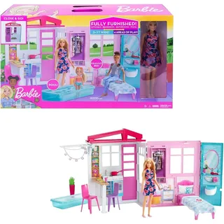 Mattel Barbie-Haus mit Küche, Schlafzimmer, Badezimmer, Pool, komplett eingerichtet Möbeln, verschließbar mit Aufbewahrungsgriff, Puppen, Geschenke für Kinder ab 3