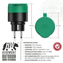 BEARWARE Wlan Steckdose Outdoor - Sprachsteuerung via Alexa oder Google Home - 2,4 Ghz WiFi - 3600 W - Smart Plug WiFi Steuerung per App Smart Life