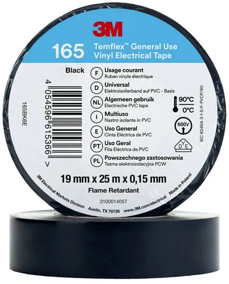 3M Temflex 165 Vinyl Elektro-Isolierband, 19mm breit, 25m lang,schwarz