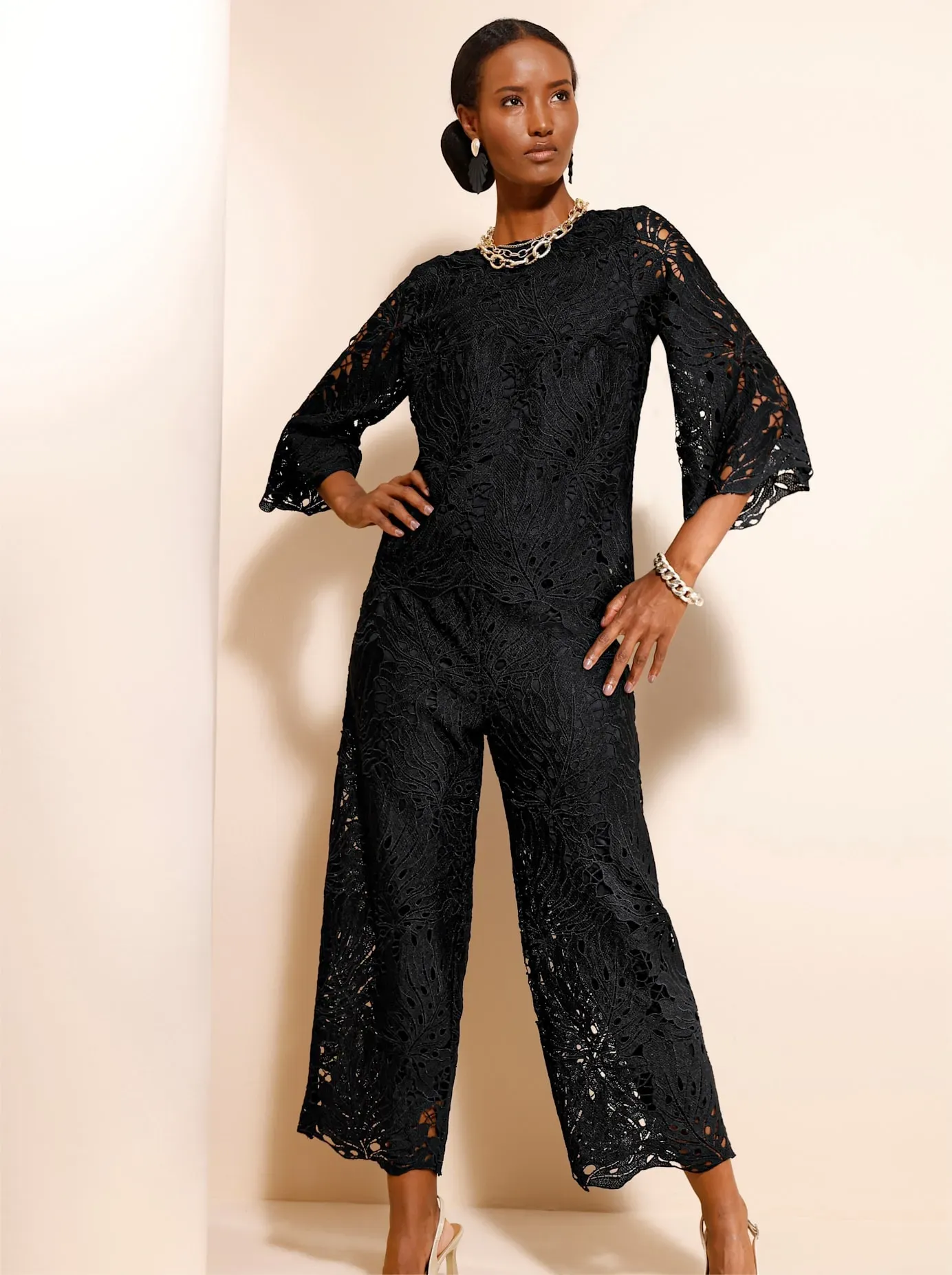 Spitzenbluse CREATION L, Damen, Gr. 38, schwarz, 100% Polyester, unifarben, Rundhals, Blusen Spitzenbluse