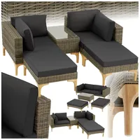 tectake Loungeset Rattan Sitzgruppe mit Sicherheitsglasplatte, schlanke, hohe Beine, (Gartenlounge-set Bellaria, 5-tlg., geeignet für Outdoor in Natur), wetterfest und UV-beständig, Dicke der Sitzpolster 8 cm beige