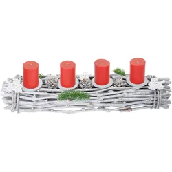 Mendler Adventskranz länglich, Weihnachtsdeko Adventsgesteck, Holz 60x16x9cm weiß-grau ~ mit Kerzen, rot