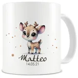 Samunshi® Kindertasse mit Namen Tasse mit Süßes Reh Personalisierte Tasse mit Namen Kinder Kinderbecher mit Namen für Kindergarten oder Geburtstag weiß 300ml