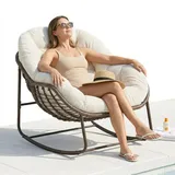 LVHOM Schaukelsessel mit gepolstertem Kissen, Rattanstuhl mit Stahlrahmen, Schaukelstuhl Cordbezug Loungesessel, Sessel für Balkon, Beige - Beige