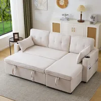 Merax Sofa Ecksofa mit Schlaffunktion, Praktisches Schlafsofa mit Bettkasten, Schlafcouch mit Stauraum, Getränkehalter und Seitentaschen, Modernes L-förmiges Couch für Wohnzimmer, Schlafzimmer, Beige