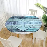 Morbuy Rund Tischdecke Elastisch, Anker Drucken Rund Tischdecken Wasserdicht Lotuseffekt Abwaschbar Abwischbar Tischtuch für Dekoration Küchentisch Garten Outdoor (Durchmesser 130cm,Blaue Planke)