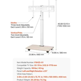 Vevor rollbarer TV-Ständer TV-Wagen für 812,8-1778 mm TVs bis zu 45 kg, 25° Links-Rechts-Drehung & höhenverstellbare TV-Halterung mit Regal für Ecke Schlafzimmer Wohnzimmer (max. 600 x 400 mm)