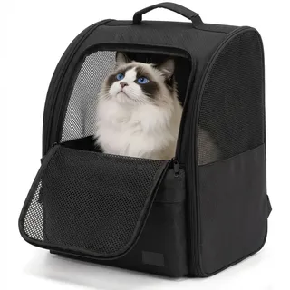 HundeRucksack und KatzenRucksack verschleißfestes bis 8kg - Haustier Rucksack mit Netzfenster für Kleine Haustiere Faltbare Katzenrucksack Hunde Mit Innerer Sicherheitsleine Haustiermatte (Schwarz)