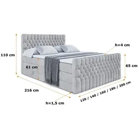 altdecor Boxspringbett SERENE-Z KING - 160 x 200 - H3/H4 - Hellgrau