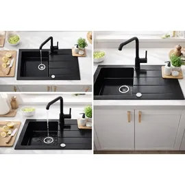 Manestein Granitspüle schwarz links Einbauspüle 76 x 44 mm Handbetätigung