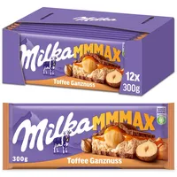 Milka Toffee Ganznuss 12 x 300g Großtafel, Zartschmelzende Schokoladentafel mit cremigem Karamel und ganze Haselnüsse