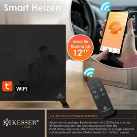 Kesser KESSER® Infrarotheizung Glaskonvektor Glasheizung Energiesparend 2in1 Standgerät & Wandmontage Elektroheizung mit Erkennung Offener Fenster + Fernbedienung & App-Steuerung Thermostat Heizpaneel