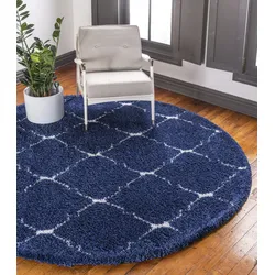 Hochflor-Teppich "Temara Shag Lagerräumung", blau (marineblau, elfenbeinfarben), B:152cm H:51mm L:152cm Ø:152cm, Polypropylen (PP), MYFLAIR MÖBEL & ACCESSOIRES, Teppiche, gewebt, Rauten Design, weich & kuschelig