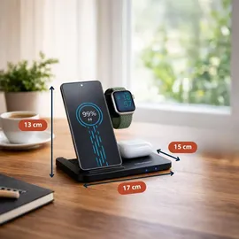 Grundig 3-in-1 Ladestation Apple Watch und iPhone – Qi Ladegerät mit Ladefunktion für Smartphone, Smartwatch, Kopfhörer – Wireless Charger – Faltbar