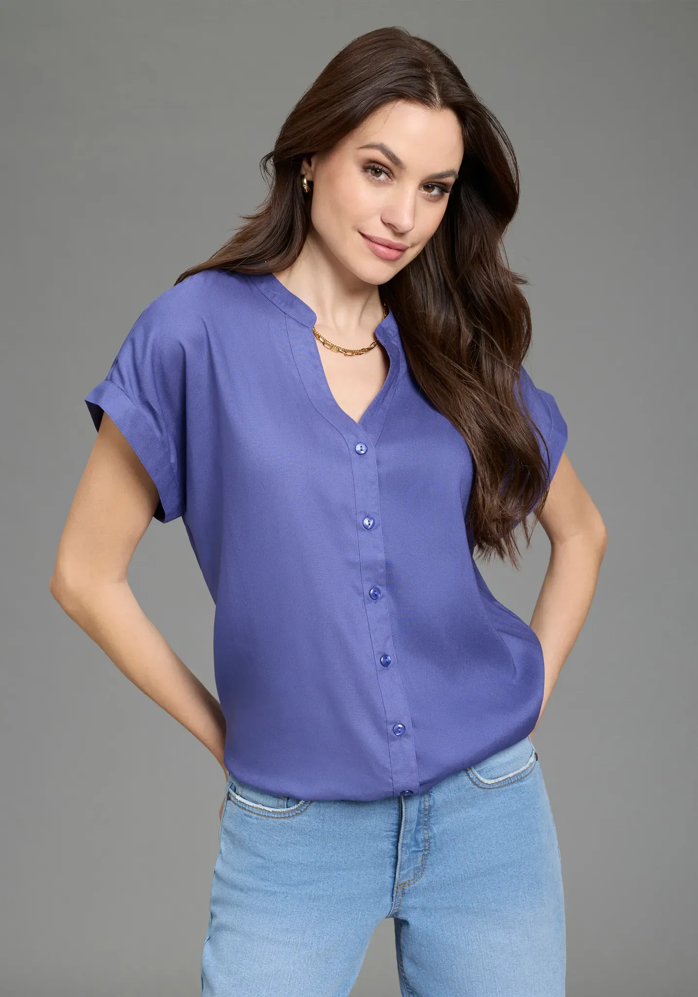 Hemdbluse BOYSEN'S, Damen, Gr. 48/50, lila (blau), Web, Obermaterial: 100% Viskose, oversize, V-Ausschnitt, Blusen Hemdbluse, im Oversized-Style mit Ballonsaum