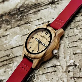 Holzwerk Germany Handgefertigte kleine Damen Holz Uhr mit Leder Armband in rot, Braun