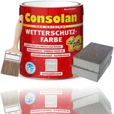 Consolan Wetterschutzfarbe Set 2,5 l Holzfarbe Dauerschutz Deckend mit Zubehör (Delfingrau)
