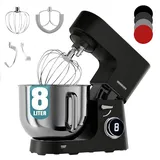 Heinrichs ́s Küchenmaschine, Knetmaschine, Teigmaschine, 2500W Küchengerät, Doppel-Knethaken, Rührhaken, Schneebesen, 8 einstellbare Geschwindigkeiten, XXL 8L Edelstahlschüssel,geräuscharm, Schwarz