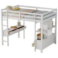 OKWISH Kinderbett mit Schreibtisch, Funktionsbett Stauraumbett Hochbett Jugendbett (Hochbett,mit Stauraumschubladen und Unterbettschreibtisch Loftbett aus Kiefernholz für Kinder – Sicher, stabil und platzsparend für Lern- und Arbeitsbereich – Flexibel montierbar mit 6 Schubladen., 140 x 200cm), Ohne Matratze weiß