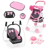 Bayer Design Puppen-Buggy + Autositz Set schwarz rosa Herzchen