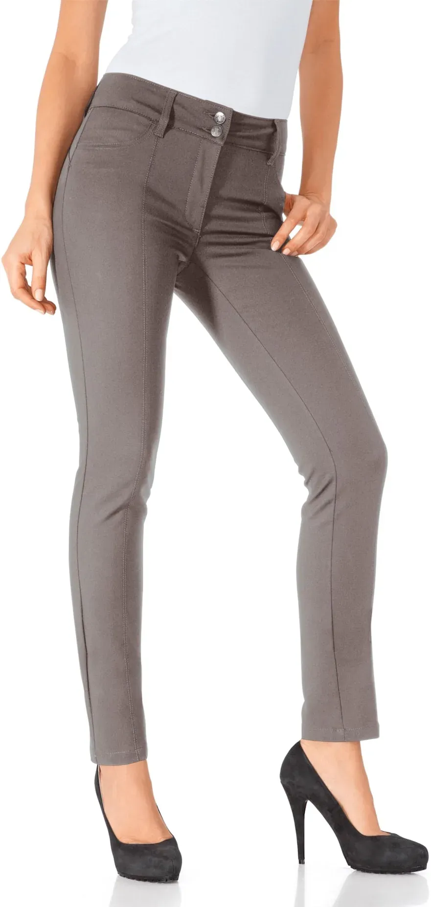 Röhrenhose HEINE, Damen, Gr. 38, Normalgrößen, grau (taupe), 48% Baumwolle, 45% Polyester, 7% Elasthan, Miedereinsatz:15% Elasthan, 85% Polyamid, unifarben, lang, Hosen