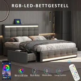 XDOVET Polsterbett(140*200)LED-Polsterbett mit 4 Schubladen+2 USB-Ladestationen,Bettrahmen mit LED-Kopfteil-Fußteil,gepolstertes Plattformbett mit Stauraum