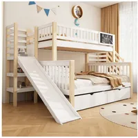 MODFU Hochbett mit Tafel und Rutsche (Hausbett, Etagendoppelbett, 2 Schubladen, 140*200cm & 90*200cm, ohne Matratze) inkl. Stauraum in Treppe und Schränken