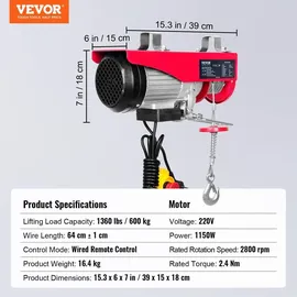 Vevor Seilwinde Metall 300-600kg rot