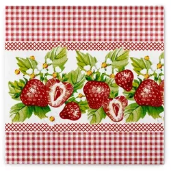 Sovie HOME Serviette Erdbeeren in Rot-Weiß aus Linclass® Airlaid 40 x 40 cm, 12 Stück - Erdbeeren Frühling Sommer Karo Muster