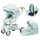 TPFLiving Kombi-Kinderwagen 3in1 Set - Modell Lux 7 Stoff - Hellgrün