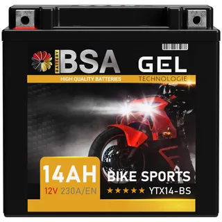 BSA YTX14-BS GEL Motorradbatterie 12V 14Ah 230A/EN Batterie doppelte Lebensdauer entspricht 51214 YTX14-4 CTX14-BS GTX14-BS vorgeladen auslaufsicher wartungsfrei