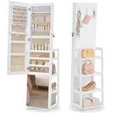 SONGMICS Schmuckschrank mit Ganzkörperspiegel, Schmuckaufbewahrung, Spiegelschrank mit 4 Ablagen, integrierte LED-Beleuchtung, 360° drehbar, Schlafzimmer, Ankleidezimmer, Flur, wolkenweiß JJC027WH01