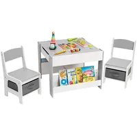 Yorbay Kindersitzgruppe Kindertisch mit 2 Stühlen, Maltisch Mit Kreidetafel, Sitzgruppe für Kinder mit Stauraum, 3tlg, Weiß +Grau