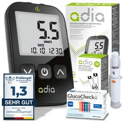 adia Blutzuckermessgerät (mmol) mit 60 Blutzuckerteststreifen, 100 Lanzetten, 1 Stechhilfe, 1 Etui