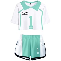 QYIFIRST Anime Aoba Johsai High School Oikawa Tooru Volleyballverein Team Jersey Exposed Nabel T-Shirt Shorts Set Suit Sportswear Cheerleaders Nr.1 Cheerleader Cosplay Kostüm Blau Damen L