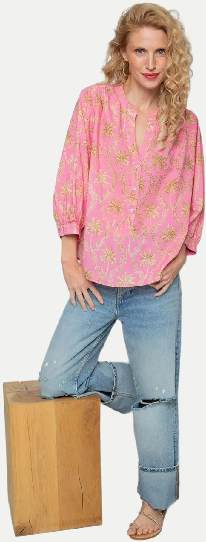 Shirtbluse mit Palmen-Ornamenten Rosa 46