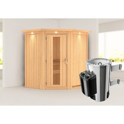 KARIBU Sauna Tonja mit Zierkranz und Beleuchtung am Dach Ofen 3,6 kW intgr. Strg