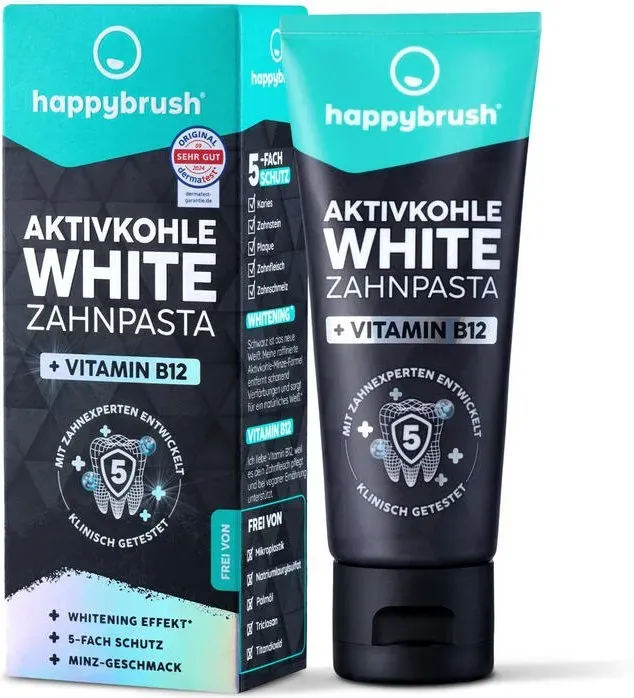 happybrush Zahnpasta Aktivkohle White mit Vit. B12, 75 ml
