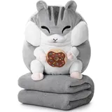 Corimori Großes Hamster Kuscheltier mit flauschiger Decke, 32cm Plüschtier Kuscheldecke 210 cm x 95 cm, grau grün, 2 in 1