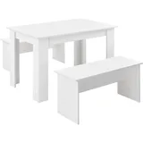 [en.casa] Tisch- und Bank Set 3 teilig Essgruppe für 4 Tisch 110 x 70 cm mit 2 Bänken Tischgruppe Sitzgruppe Weiß